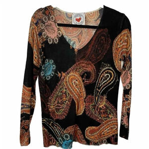 Frogbox Fine Lightweight  Knit 100% Wool Paisley Semi Sheer Knit V-neck Top